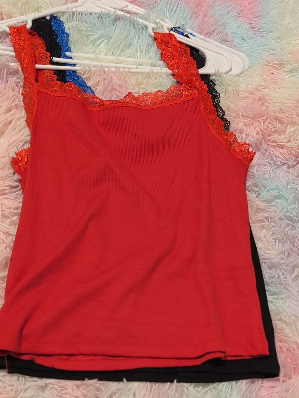 Lace-Trim Ribbed Tank Top - Red